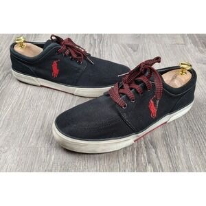 Polo Ralph Lauren Faxon Low Shoes Mens Size 8.5D‎ Black Red Canvas Lace Up Logo